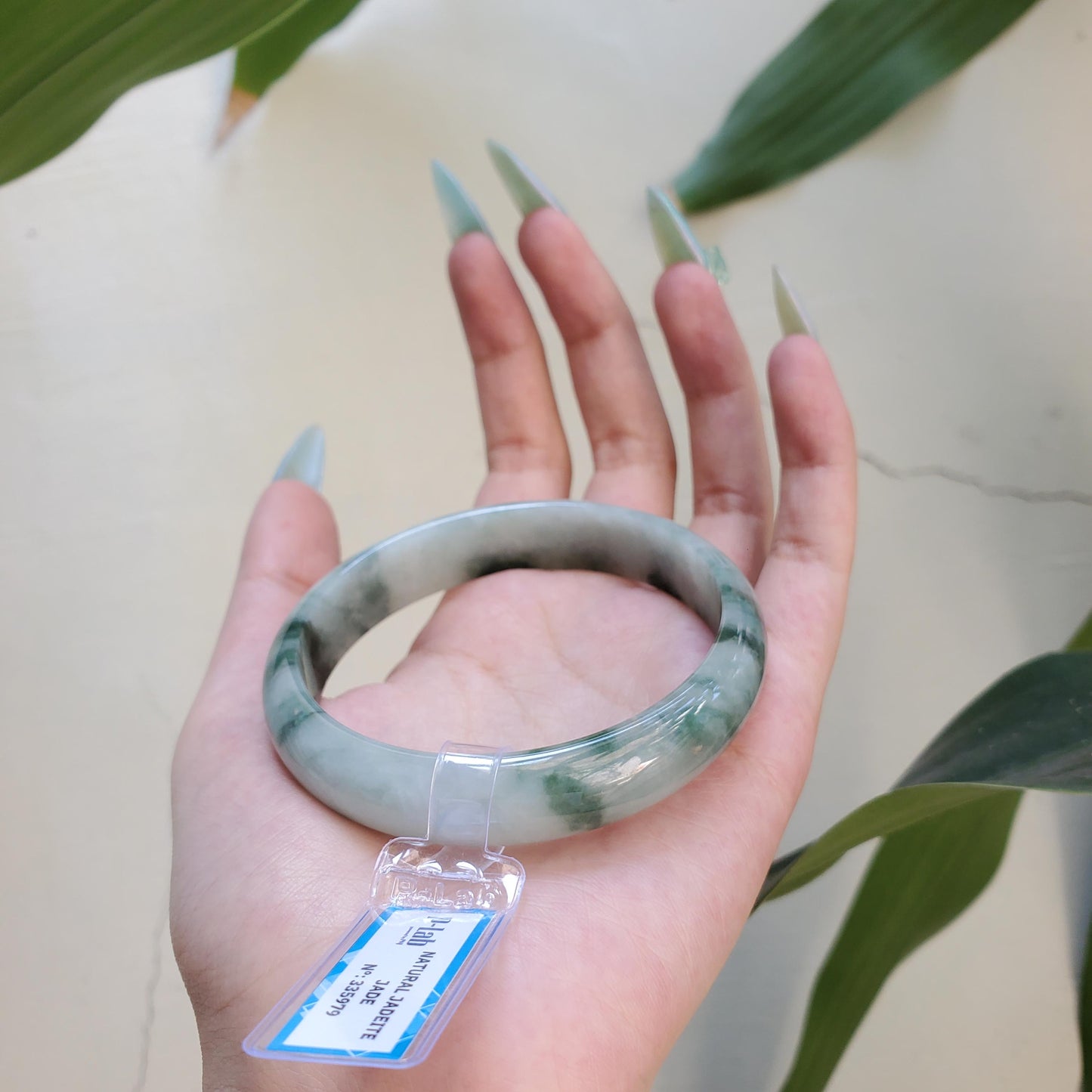Yingmart 63mm PNJ Certified Natural Color White Grey Green Natural Jadeite Jade Bangle Bracelet, Real Gemstone Gift for Mom Sister Grandma