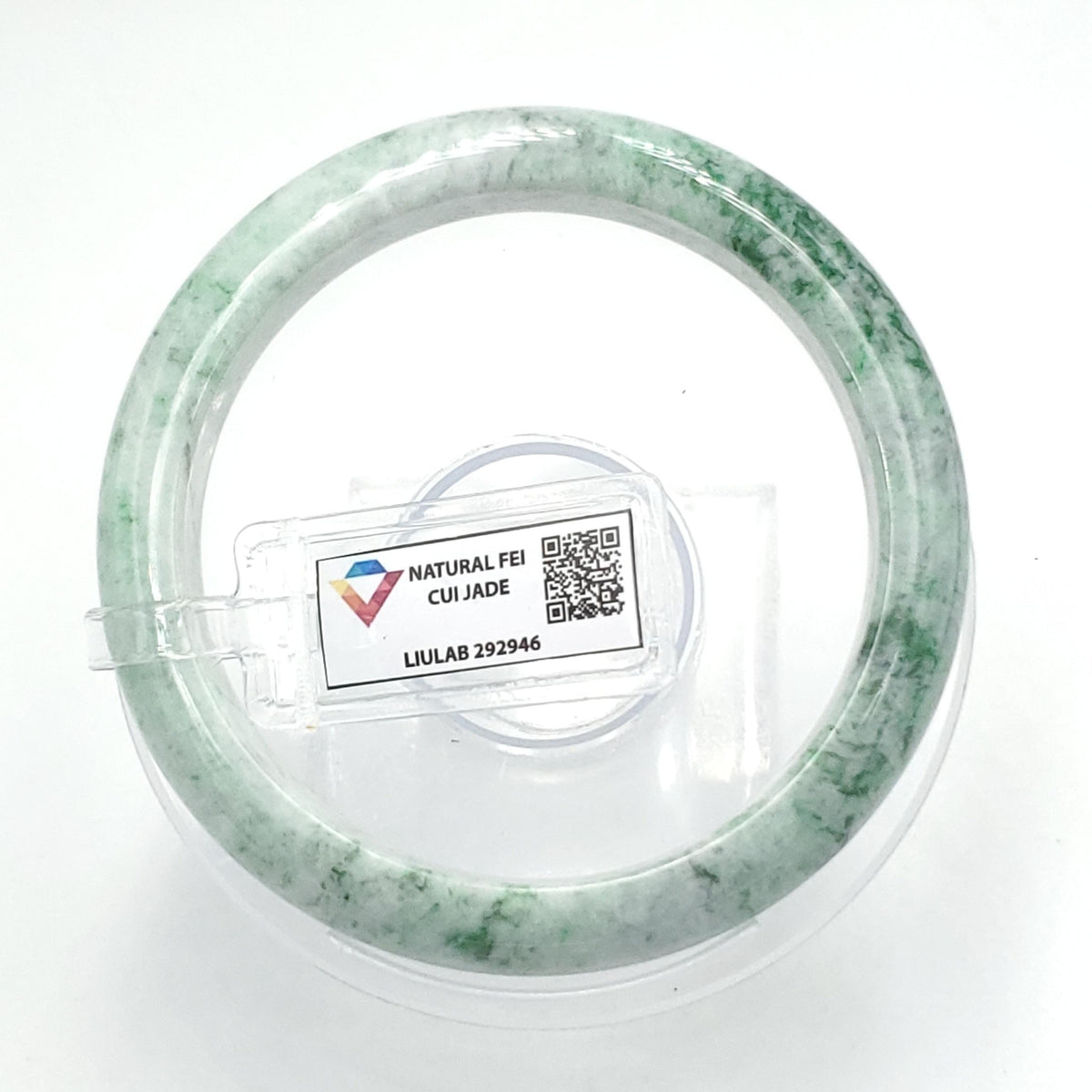 LIULAB Certified Natural Green White Jadeite Bangle Bracelet, Semi-Translucent (61mm)