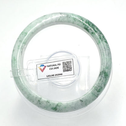 LIULAB Certified Natural Green White Jadeite Bangle Bracelet, Semi-Translucent (61mm)