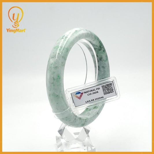 LIULAB Certified Natural Green White Jadeite Bangle Bracelet, Semi-Translucent (61mm)