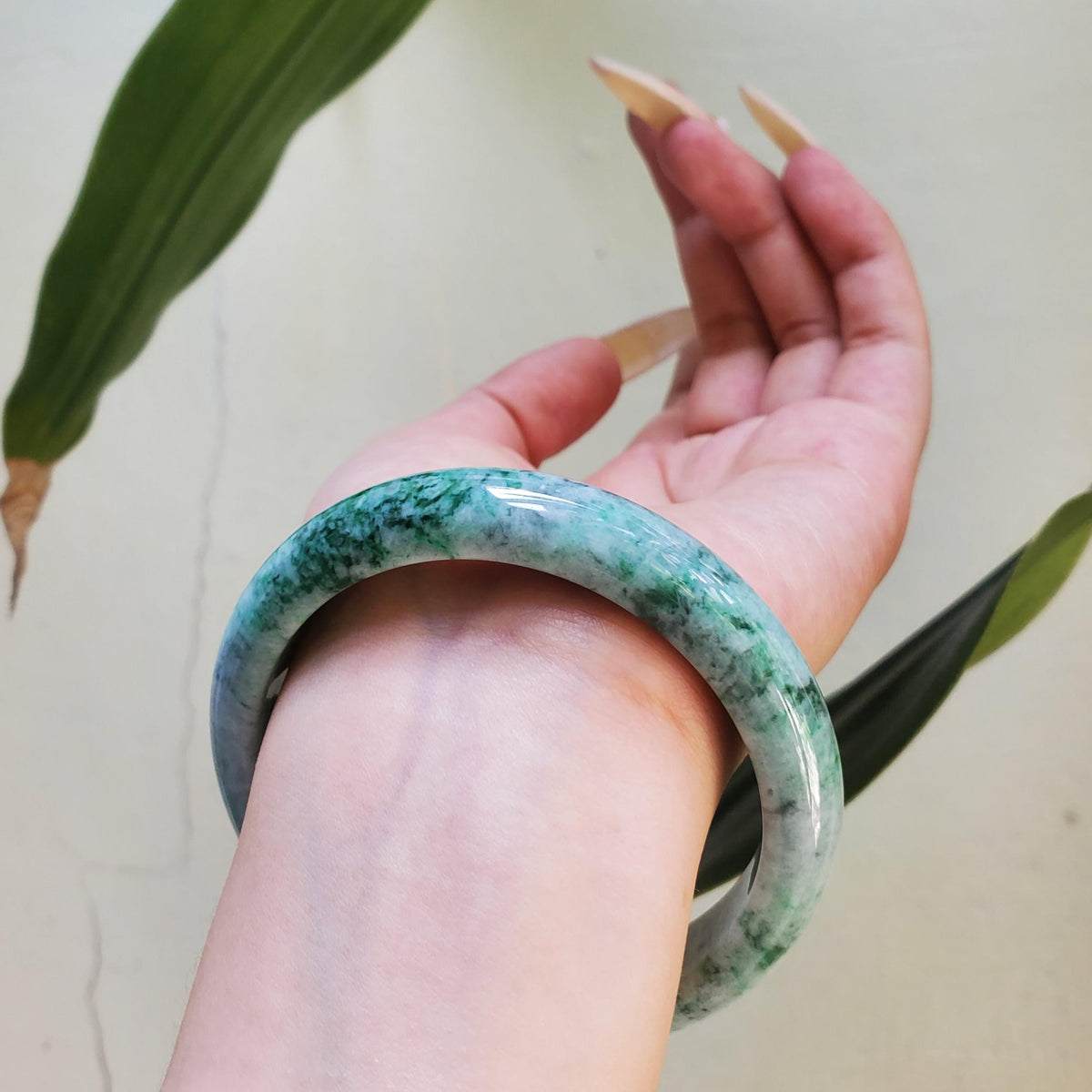 LIULAB Certified Natural Green White Jadeite Bangle Bracelet, Semi-Translucent (61mm)