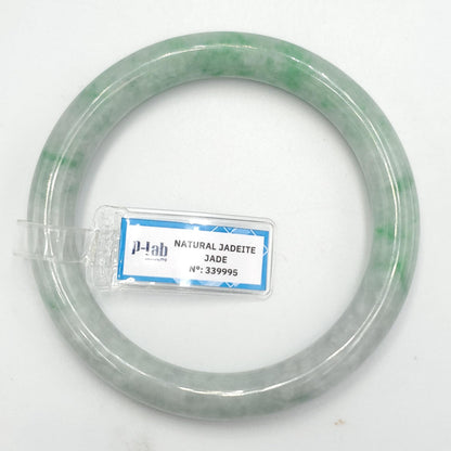 PNJ Certified Natural Green White Jadeite Bangle Bracelet, Semi-Translucent (66mm)
