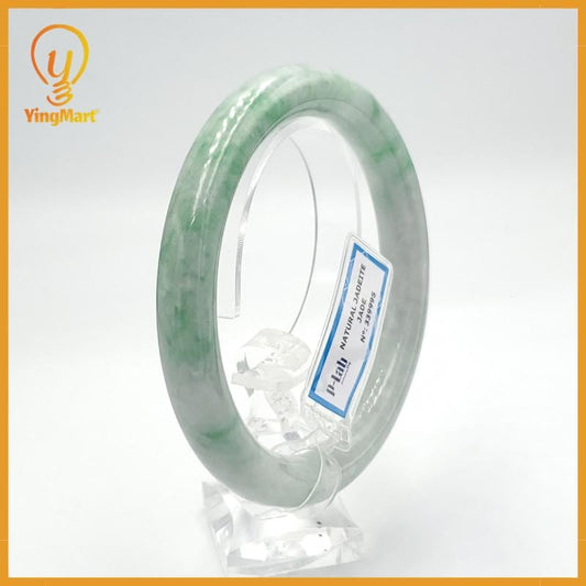 PNJ Certified Natural Green White Jadeite Bangle Bracelet, Semi-Translucent (66mm)