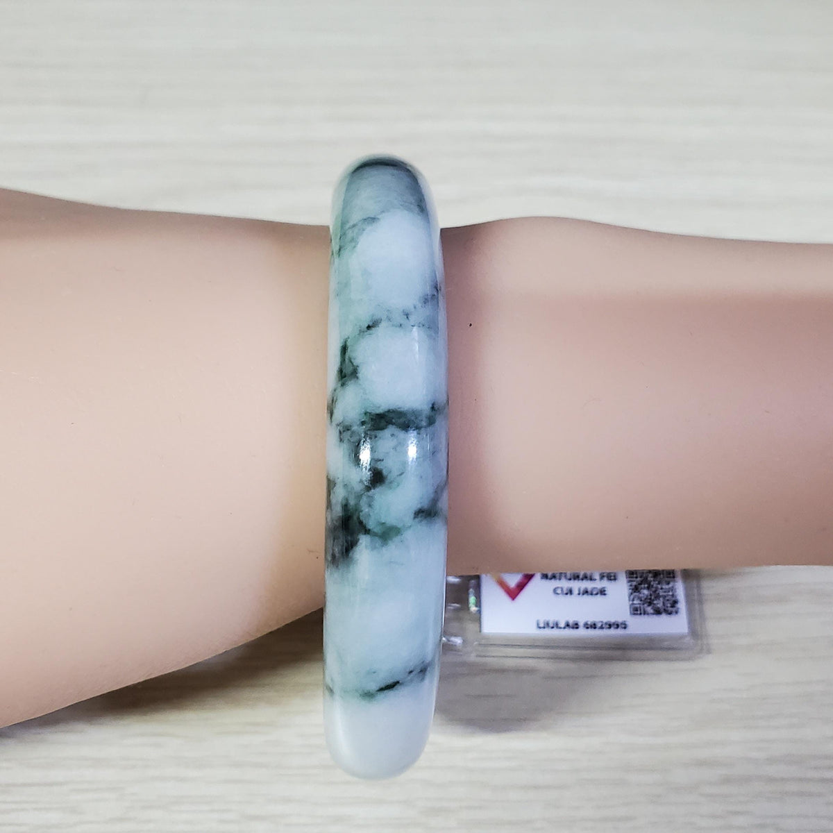 LIULAB Certified Natural Grey Green Jadeite Bangle Bracelet, Translucent - Semi translucent (61mm)