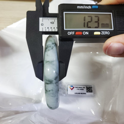 LIULAB Certified Natural Grey Green Jadeite Bangle Bracelet, Translucent - Semi translucent (61mm)
