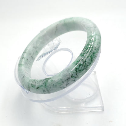LIULAB Certified Natural Green White Jadeite Bangle Bracelet, Semi-Translucent (61mm)