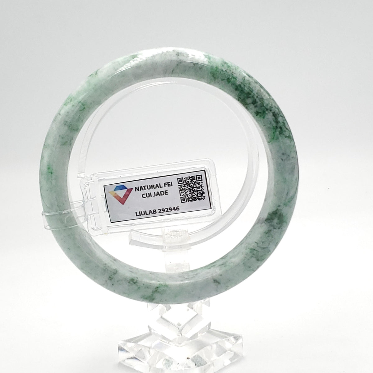 LIULAB Certified Natural Green White Jadeite Bangle Bracelet, Semi-Translucent (61mm)