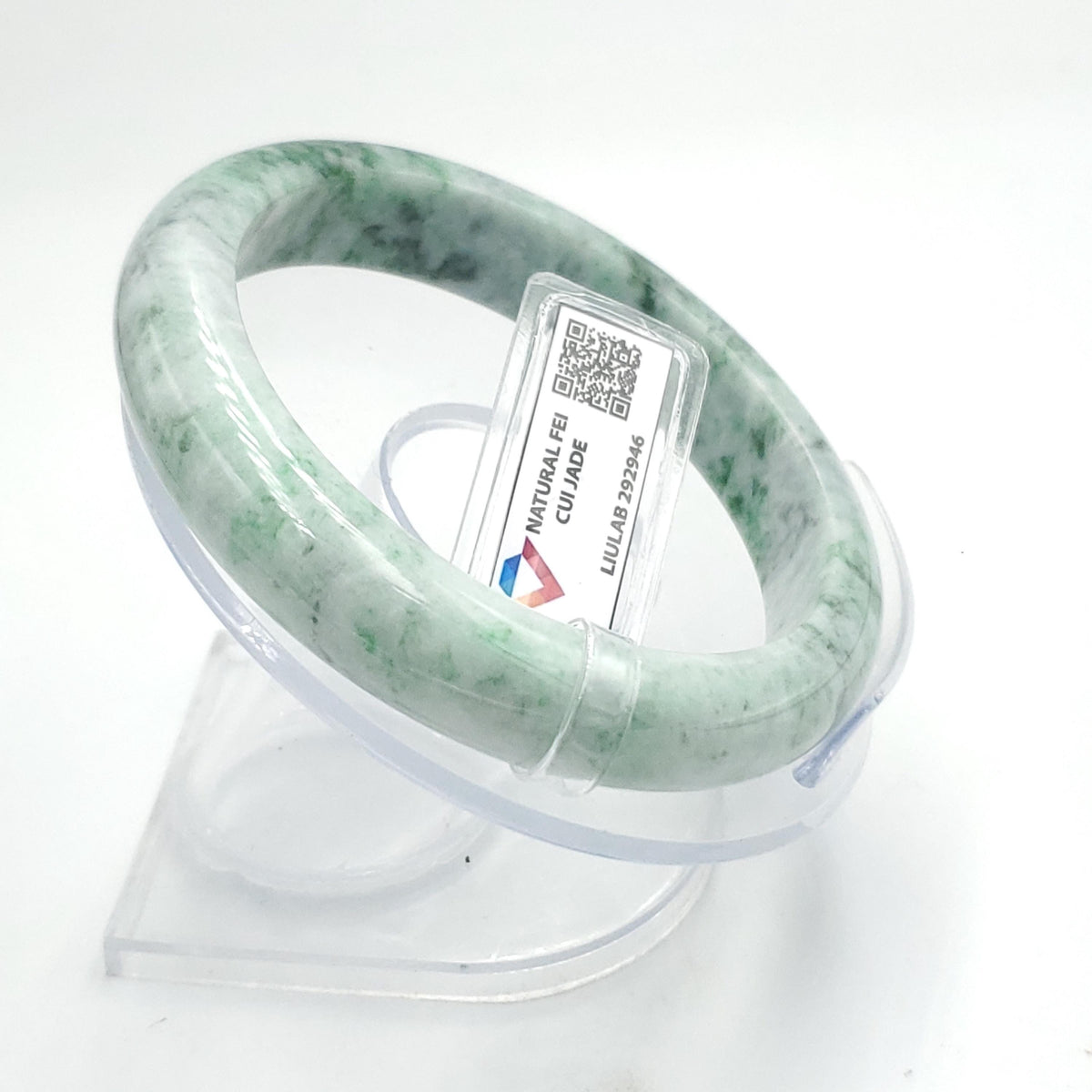 LIULAB Certified Natural Green White Jadeite Bangle Bracelet, Semi-Translucent (61mm)