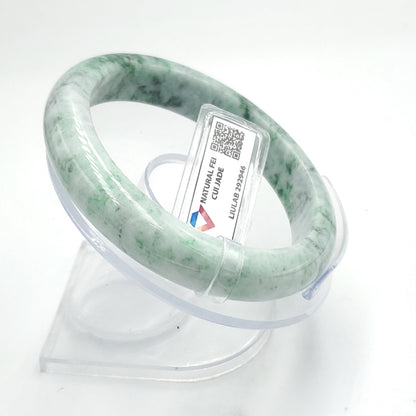 LIULAB Certified Natural Green White Jadeite Bangle Bracelet, Semi-Translucent (61mm)