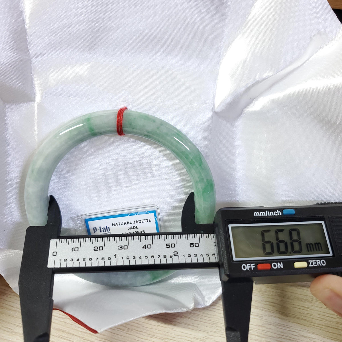 PNJ Certified Natural Green White Jadeite Bangle Bracelet, Semi-Translucent (66mm)