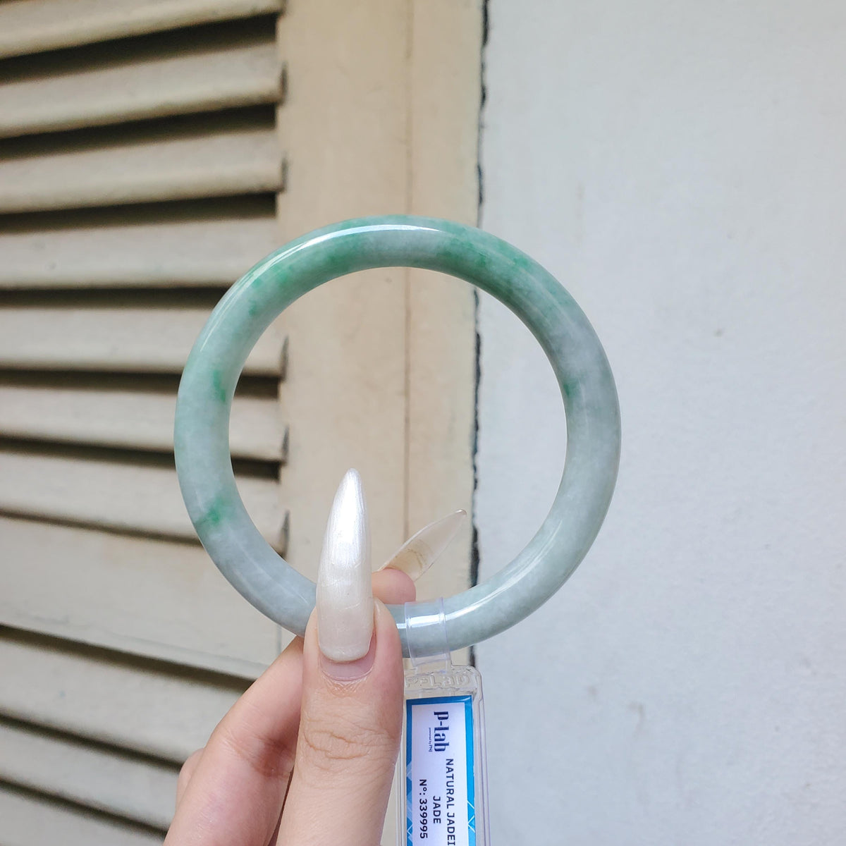 PNJ Certified Natural Green White Jadeite Bangle Bracelet, Semi-Translucent (66mm)