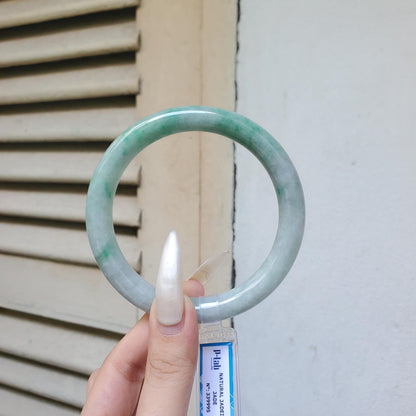 PNJ Certified Natural Green White Jadeite Bangle Bracelet, Semi-Translucent (66mm)