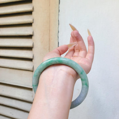 PNJ Certified Natural Green White Jadeite Bangle Bracelet, Semi-Translucent (66mm)