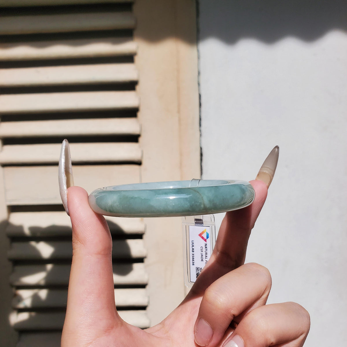 LIULAB Certified Natural Grey Green Jadeite Bangle Bracelet, Translucent (54mm)
