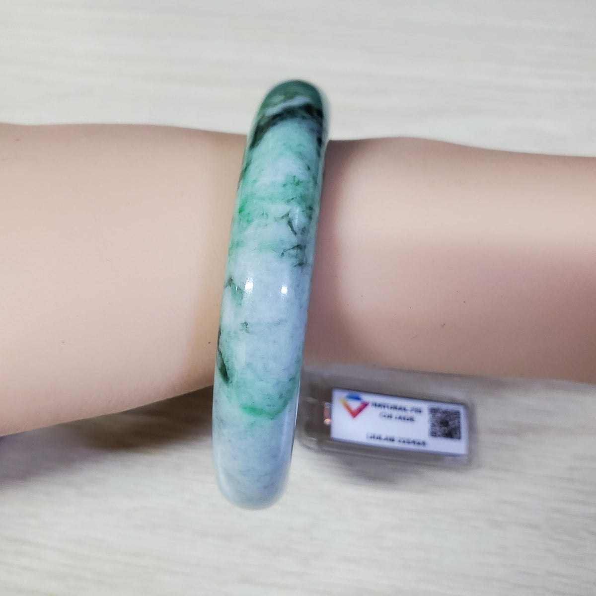 LIULAB Certified Natural Grey Green Jadeite Bangle Bracelet, Translucent - Semi translucent (61mm)