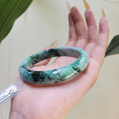 LIULAB Certified Natural Grey Green Jadeite Bangle Bracelet, Translucent - Semi translucent (61mm)
