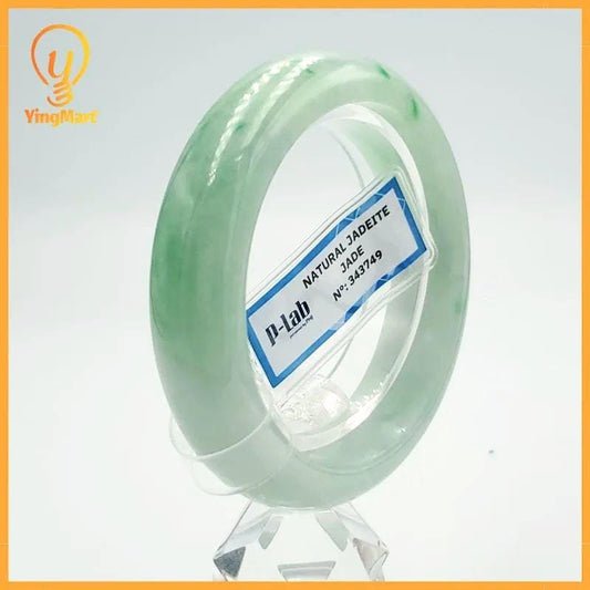 PNJ Certified Natural Green White Jadeite Bangle Bracelet, Semi-Translucent (49mm)