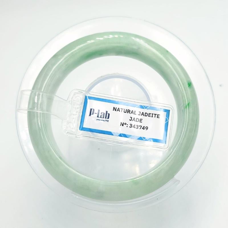 PNJ Certified Natural Green White Jadeite Bangle Bracelet, Semi-Translucent (49mm)