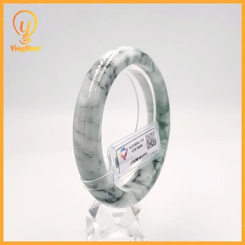 LIULAB Certified Natural Grey Green Jadeite Bangle Bracelet, Translucent - Semi translucent (61mm)