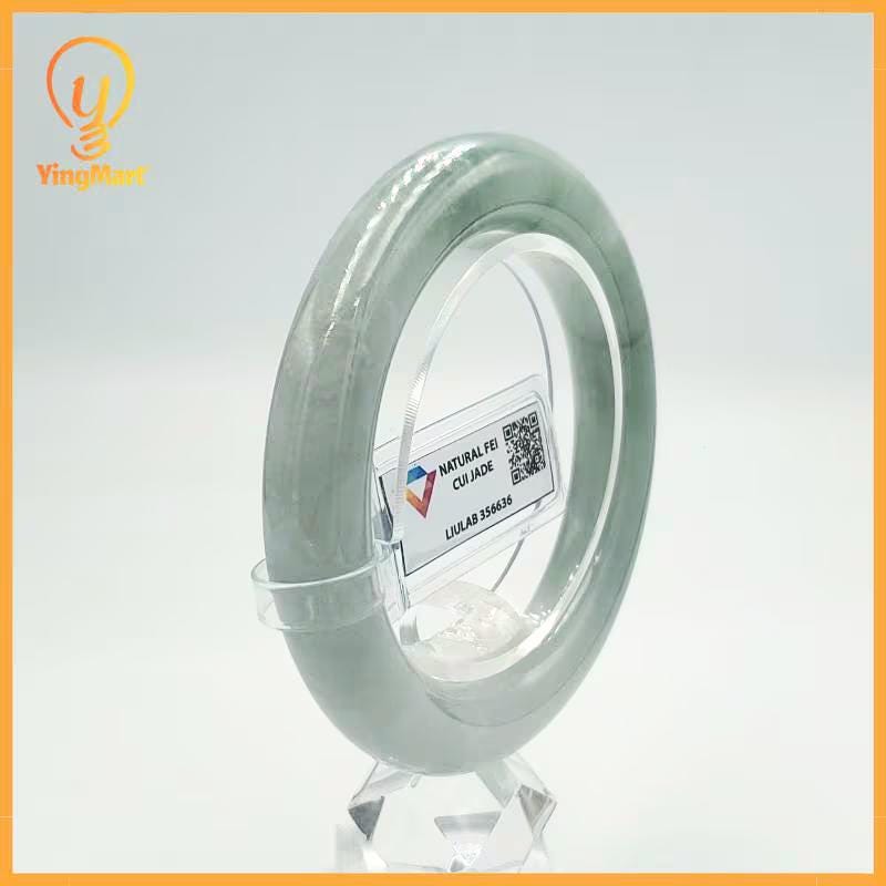 LIULAB Certified Natural Grey Green Jadeite Bangle Bracelet, Translucent (54mm)