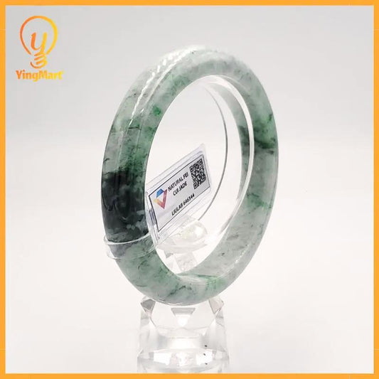 LIULAB Certified Natural Grey Green Black Jadeite Bangle Bracelet, Semi-translucent (61mm)
