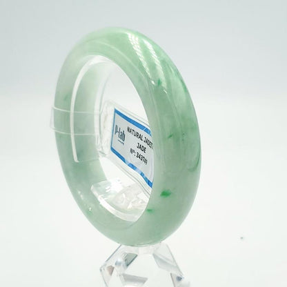 PNJ Certified Natural Green White Jadeite Bangle Bracelet, Semi-Translucent (49mm)