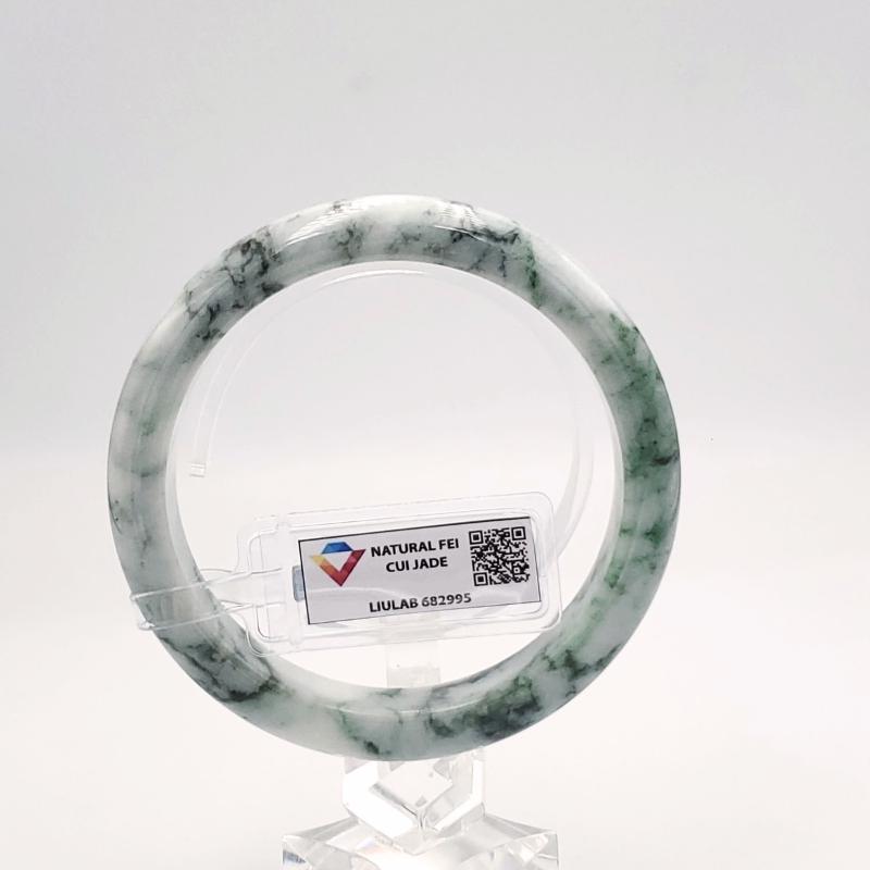 LIULAB Certified Natural Grey Green Jadeite Bangle Bracelet, Translucent - Semi translucent (61mm)