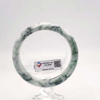 LIULAB Certified Natural Grey Green Jadeite Bangle Bracelet, Translucent - Semi translucent (61mm)