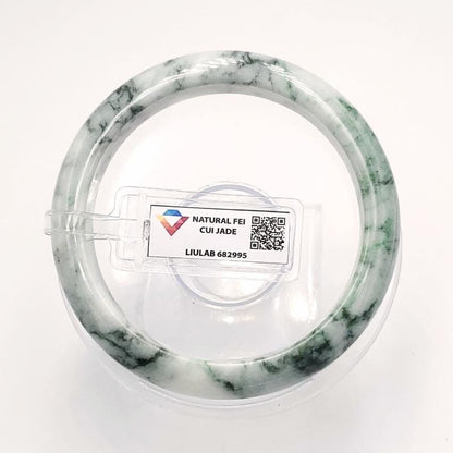 LIULAB Certified Natural Grey Green Jadeite Bangle Bracelet, Translucent - Semi translucent (61mm)