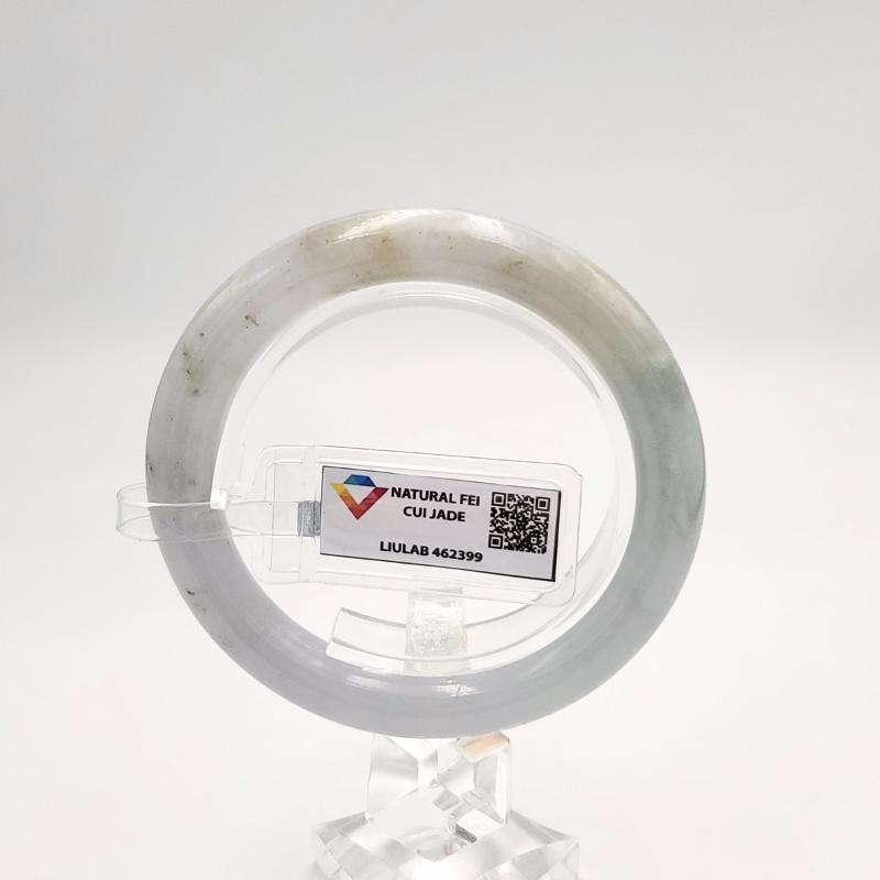 LIULAB Certified Natural Grey White Jadeite Bangle Bracelet, Translucent (54mm)