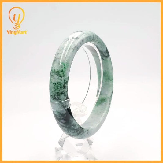 LIULAB Certified Natural Grey Green Jadeite Bangle Bracelet, Translucent - Semi translucent (61mm)