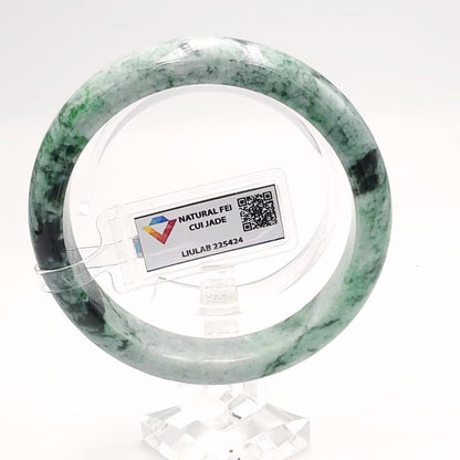 LIULAB Certified Natural Grey Green Jadeite Bangle Bracelet, Translucent - Semi translucent (61mm)