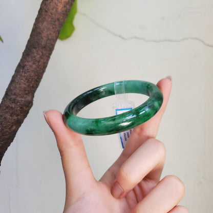 Certified 52 mm Natural Jade Bangle Dark Green Grey White Brown PNJ 356286 YingMart