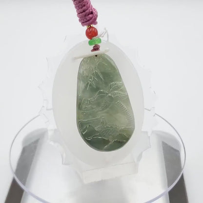 Yingmart  Carved Landscape Jadeite Jade Pendant, Style Scenery Bridge Mountain Tree 100% Genuine  Burmese Myanmar Real Jade Grade A Type A
