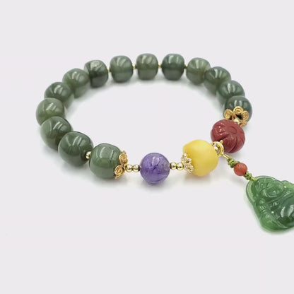 Yingmart BRNG0002 Smilling Budha natural Nephrite Jade stone bracelet  , Untreated Round Drum Spinach green bead bracelet