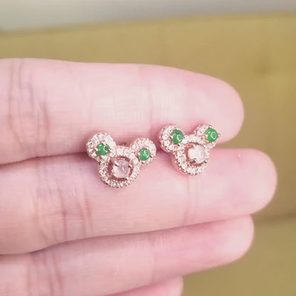 Yingmart certified genuine icy Green & White burmese type a jadeite jade gemstone earrings made with S925  silver earrings, gift for women