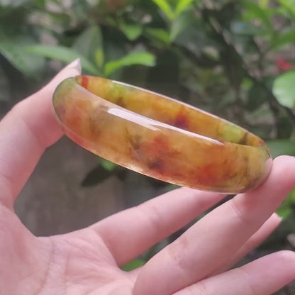 High Quality 48-72mm Jadeite Jade Bangle, Yellow Mixed Green Black Brown Spot, Burmese, D-Shape, Feng Shui Jewelry, Gift for Mom