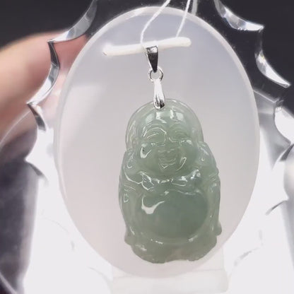 Yingmart Light Blue Laughing Buhdda Burmese Myanmar Genuine Jadeite Jade Grade A Hand Craving Pedant with Hook setting