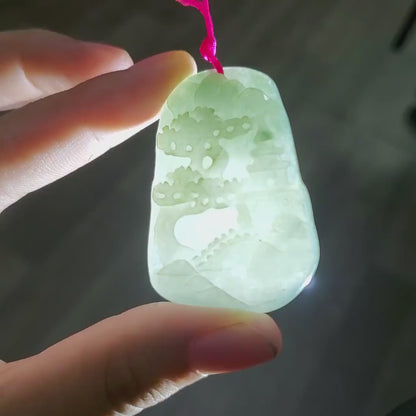 Yingmart  Landscape Pendant  Hand Carved 100% Genuine Jadeite Jade  Burmese Myanmar Real Jade Grade A Type A