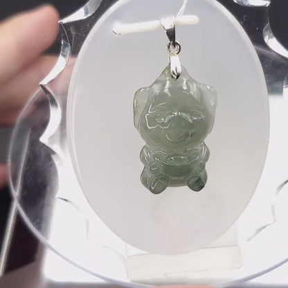 Yingmart Light Blue Piggy Burmese Myanmar Genuine Jadeite Jade Grade A Hand Craving Pedant with Hook setting