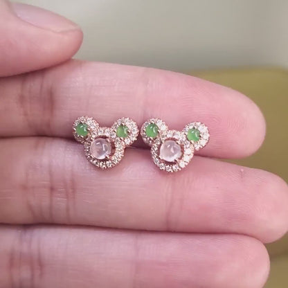 Yingmart certified genuine icy Green & White  burmese type a jadeite jade gemstone earrings made with S925 silver earrings, gift for women