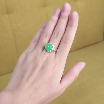 Yingmart luxury 18k white gold large round icy apple green burmese jadeite jade a gems with real diamonds side stone , gift fo her, vintage