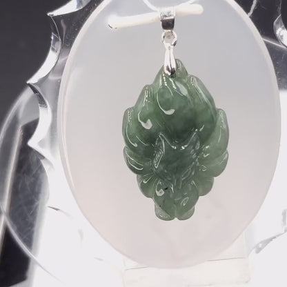 Yingmart Green Nine Tails Fox Burmese Myanmar Genuine Jadeite Jade Grade A Hand Craving Pedant with Hook setting