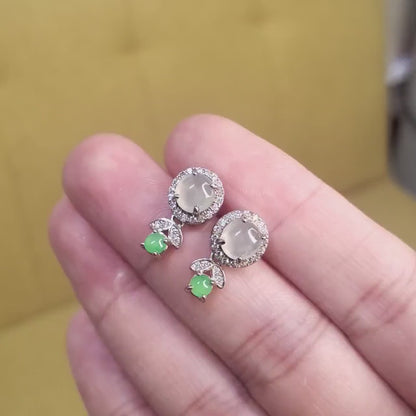 Yingmart certified genuine icy Green & White  burmese type a jadeite jade gemstone earrings made with S925  silver earrings, gift for women