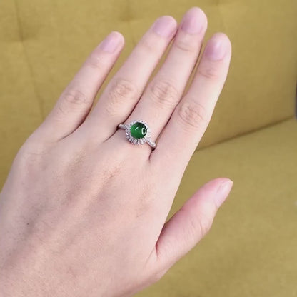 Yingmart luxury 18k white gold green vivid icy burmese jadeite jade a gems with 3 layers real diamonds side stone , gift fo her, vintage