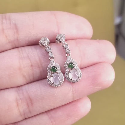 Yingmart certified genuine icy Green & White burmese type a jadeite jade gemstone earrings made with S925  silver earrings, gift for women