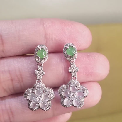 Yingmart certified genuine icy White & Green burmese type a jadeite jade gemstone earrings made with S925 silver earrings, gift for women