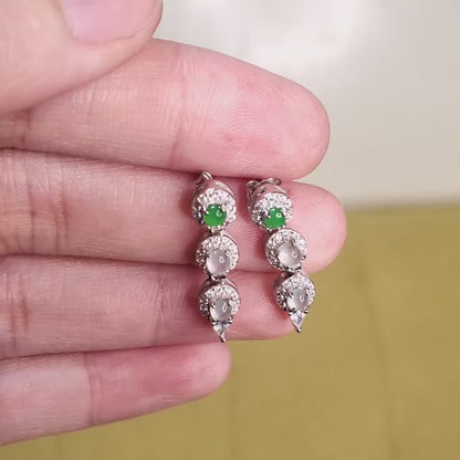 Yingmart certified genuine icy Green & White burmese type a jadeite jade gemstone earrings made with S925 silver earrings, gift for women